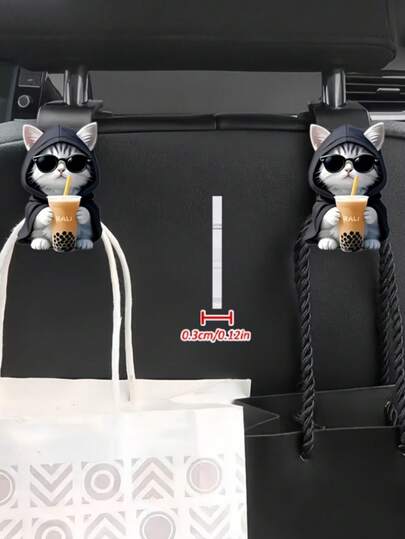 2个装 2D 平面 - 时尚奶茶猫 2D 汽车座椅挂钩，隐藏式后座储物挂钩，时尚设计，亚克力多功能汽车配件，可用于收纳包包、水瓶等，后座挂钩 | 可爱汽车挂钩 | 座椅挂钩 汽车座椅靠背储物