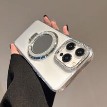 带镜面支架和水钻的软壳手机壳，兼容 12、13、14、15、16 Pro Max、17、17 Pro Max、Moto G13、G85、E22、S21、S22、S23、S24、S25 Plus Ultra。 - 銀色 - 查看 3