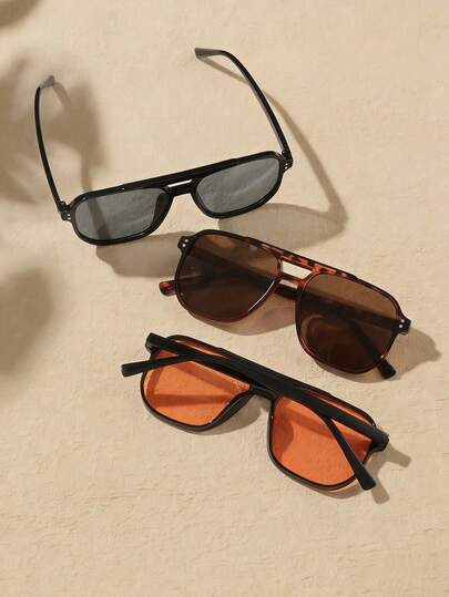 3 Pairs Fashion Double-Bridge Ombre Oversized Fashion Glasses, Flattering Facial Features, Suitable For Daily Wear And Travel