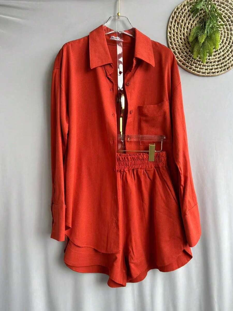 Women's Autumn Linen Set: Long-Sleeved Shirt And Shorts With Elastic Waistband. - 瓦 - 查看 1