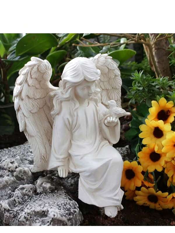 1pc Resin Angel Garden Statue, Creative Angel Girl Holding Bird Decoration Outdoor Decoration, Angel Sculpture, Home Office And Garden Decoration, Party Decoration, Suitable For Yard, Lawn, Cemetery Decoration, Beautiful Angel Gift For Ladies/Girls