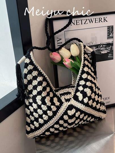 This Stylish And Minimalist Woven Bag Is Designed Specifically For Women. It Can Be Carried On The Shoulder Or By Hand, Boasts A Large Capacity, And Features A Contrasting Color Design For A And Fashionable Look. With A Magnetic Closure And A Top Handle, It's An Ideal Choice For Women's Work, Parties, And Everyday Occasions.
