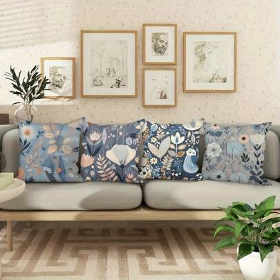 4Pcs Color Floral And Grass Print Throw Pillow Covers - 17.7*17.7 Inches, Single-Sided Print, Light Blue Furniture Decoration, Machine Washable With Zipper, Polyester Material Cushion Covers, Suitable For Living Room, Bedroom, Sofa, Porch, Patio, Outdoor Decor (No Pillow)