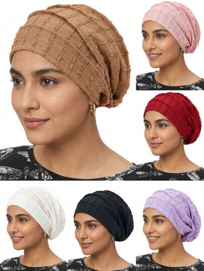 1pc Spring/Summer New Beaded Striped Pleated Headscarf Hat, Breathable & Comfortable Headwrap Cap, Minimalist Daily Wear