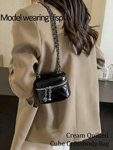 1pc Women Mini Handbag, Fashion Solid Color Embroidered Rhombus Pattern Crossbody Bag Fits Cards & Keys - màu đen - Xem 6