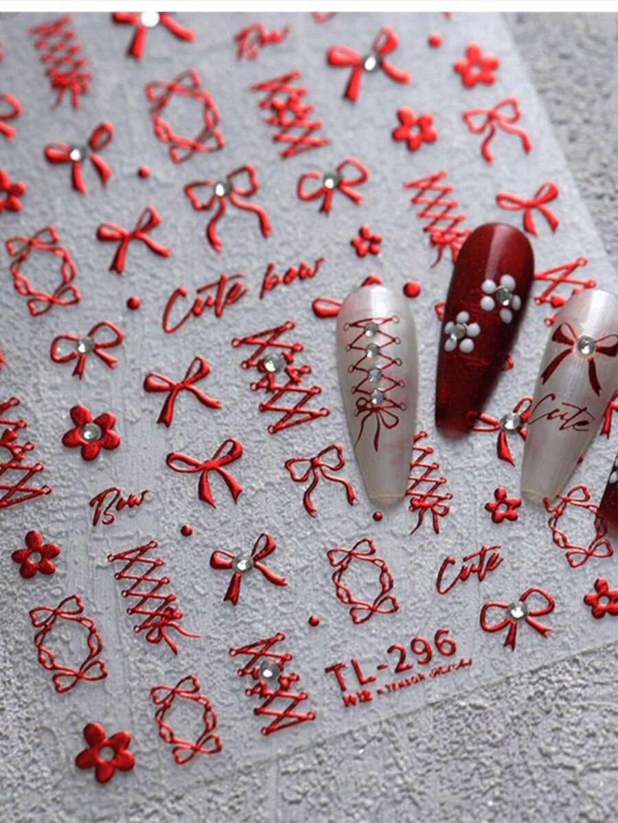 一款红色金属蝴蝶结美甲贴纸，一款蕾丝罗纹自粘美甲贴，一款可以在家DIY的美甲装饰配件。美甲贴纸 - 紅色 - 查看 1