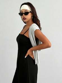 Mono de mujer, diseño de cintura alta, cuello en U y espalda en U, adecuado para uso diario casual, gimnasio, yoga, correr, primavera/verano - Negro - Ver 5