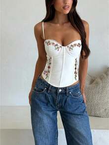 Women's Slim-Fit Lace-Trimmed Neckline Embroidered Bustier Camisole Top, Women's Street Style Slim-Fit Top. - 白色 - 查看 3