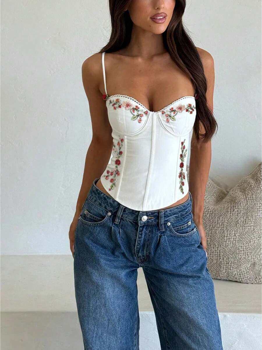 Women's Slim-Fit Lace-Trimmed Neckline Embroidered Bustier Camisole Top, Women's Street Style Slim-Fit Top. - 白色 - 查看 1