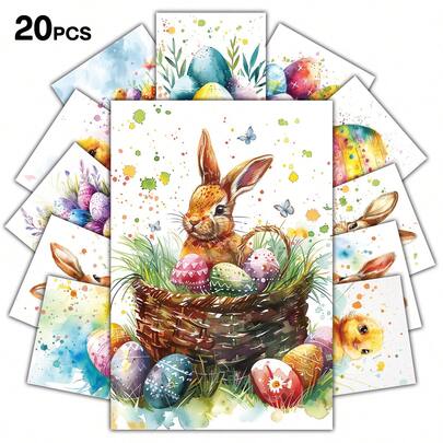20张水彩复活节彩蛋和兔子明信片套装，复活节假日美学图片墙拼贴画套装，适用于家居房间装饰，小海报，适合收藏和送礼，复活节礼物