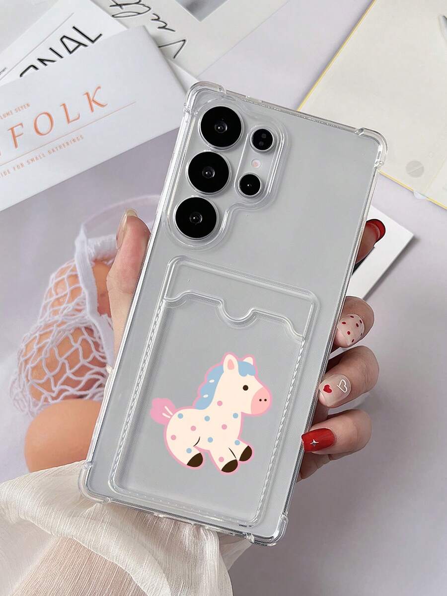 1pc Transparent Shockproof Card Holder Painted Hollow Horse 2026 Pattern Insert Card TPU Android Phone Case Compatible With Google Pixel 7, Galaxy S25 Ultra/A14/A24, Android Phones Redmi Note 12 Pro/Pixel 8/8 Pro - Multicolor - View 1