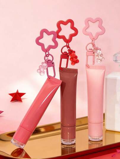1支0.51盎司时尚斜口唇彩管，可重复灌装，挤压式设计，唇彩钥匙扣，可爱女士钥匙扣，美妆工具，口红包挂饰，饰有星星和熊形吊坠 - 挤压式空软管，带旋转盖，适用于唇彩、润唇膏，送礼佳品，个人美妆收纳，情人节礼物，生日礼物，母亲节礼物，复活节礼物，返校礼物