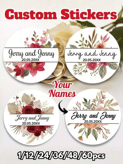 1/12/24/36/48/60 stycken anpassade klistermärken för par, 4 stilar av personliga årsdagsdekaler med namn och bröllopsdatum, 4/5/6/7 cm romantiska klistermärkesset i flera storlekar, minnesklistermärken för bröllopsalbum och presenter, inbjudningsstämplar för parfest, eleganta dekorativa etiketter för kärleksdatum för scrapbooking, skrivet hans/hennes namn, tryckt med det mest minnesvärda datumet
