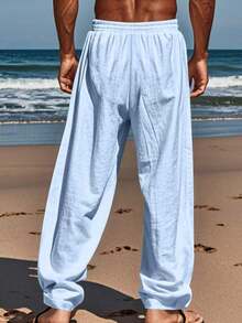 Lightweight And Breathable Men's Trousers In A Solid Color, With Pockets, Offering A Relaxed Fit For Comfortable Wear At The Beach During The Spring And Summer Seasons. - Baby Blue - View 2