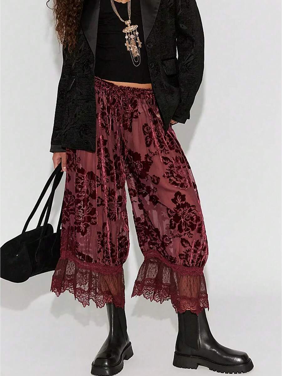 Women's Y2K Floral Devore Lace Trim Long Bloomers Elastic Mid Rise Flared Ruffle Pantaloons Pajama Bottoms - Purple - View 1