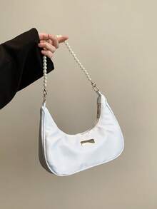 Fashionable Pearl Chain Crescent Shoulder Bag Fashionable Baguette Shoulder Bag Handheld Small Bag Outdoor Casual Bag Versatile Commuter Bag - White - View 7