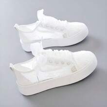 Women's Summer Mesh Casual Sneakers Lace-Up White Flat Shoes, Casual White Fashion Shoes - White - View 3