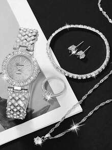 6pcs Luxury Quartz Watch Set, Women's Silver Jewelry Set (Including Quartz Watch With Rhinestone-Encrusted Metal Strap, Rhinestone Bracelet, Rhinestone Necklace, Ring And Earrings). Designed With A Silver Rhinestone-Encrusted Theme, The Dense Rhinestone Details Showcase The Luxurious Style. - Silver - View 7