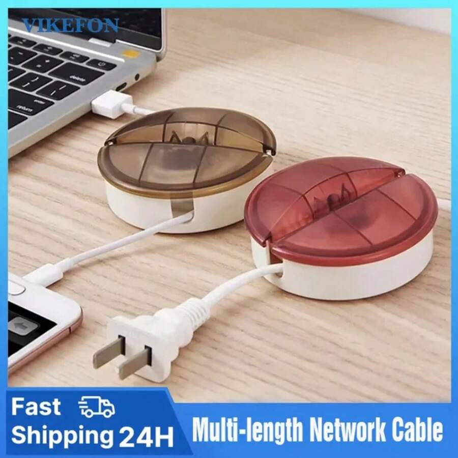 Caja enrolladora de cables redonda, de carga para auriculares, amarre enrollador de tipo giratorio, estuche de almacenamiento de cables de datos portátil, herramienta de almacenamiento de escritorio AWFM - Ver 1