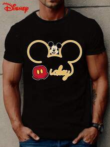 Disney 1件男士米奇卡通图案印花短袖T恤，圆领，弹力面料，适合日常穿着，易打理，时尚休闲男士T恤，短袖T恤 - 黑色 - 查看 3