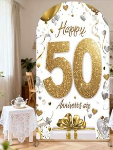 Personalized Elastic Arch Decor Cover, Gold 50th Anniversary Celebration Arch Background Cover, 2D Flat Printing - Polyester Fabric, Easy To Set Up, Suitable For Ceremonies, Photography, Banquets And Anniversaries, Home Decor, Holiday Decorations And Outdoor Party Props - Multicolor - View 9