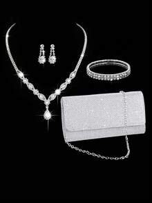 Conjunto de joyería para fiesta de 4 piezas: Bolso de embrague minimalista de moda para mujer, bolso de hombro con cadena, bolso de fiesta, collar con strass, aretes con cadena de garra - Plateado - Ver 7