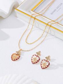 Fashionable Hollow Heart & Star Rhinestone Decor Pendant Necklace & Earrings Jewelry Set, Gift For Women - Red - View 3