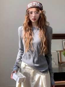 宽松卷边长袖T恤，轻薄面料，修身版型，春季叠穿上衣 - 灰色 - 查看 4