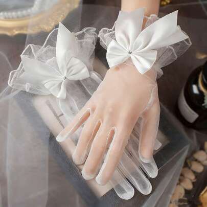 1 Pair Of Bride's Wedding Gloves, Short Tulle, Beautiful Bowknot, French-Style Wedding, Retro Dress Accessories