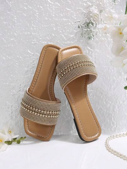Sparkling Decor Square Toe Women Slippers, Elegant Slip-On Sandals Suitable For Plus Size, Vacation, Spring/Summer