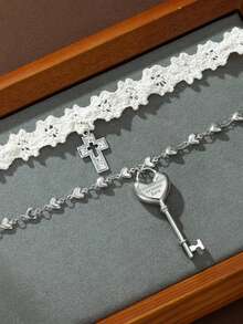 2件套 Y2K 白色蕾丝交叉带钥匙项链，女士甜美酷炫爱心双层项链，时尚派对饰品礼物 - 項鍊 - 查看 9