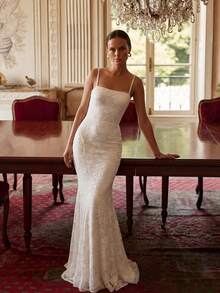 优雅长款露背针织伴娘礼服，吊带无袖设计，略带弹性，适合派对和度假穿着。 - 白色 - 查看 3