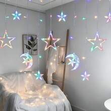 Eid LED Vorhang Lichter - Innen/Außen funkelnde Sterne & Monde USB/Batterie betrieben Fenster Wand Dekoration, Feiertags Party Deko (6 Monde & Sterne LED Lichter) - Farblicht - Übersicht 2