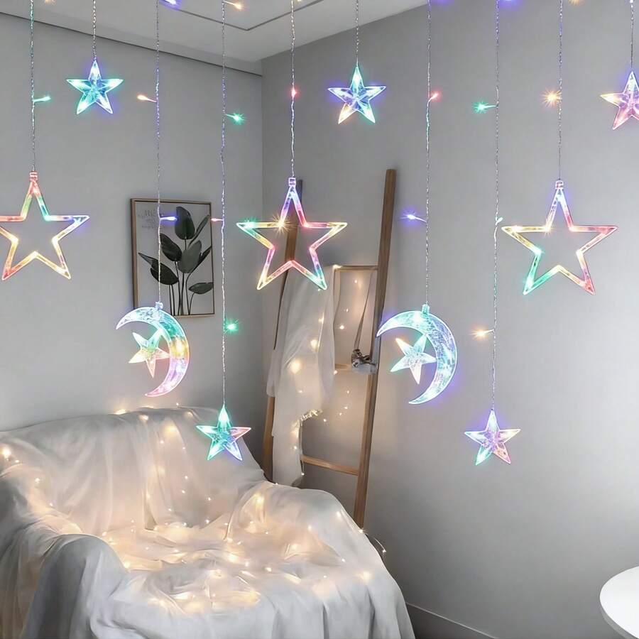 Eid LED Vorhang Lichter - Innen/Außen funkelnde Sterne & Monde USB/Batterie betrieben Fenster Wand Dekoration, Feiertags Party Deko (6 Monde & Sterne LED Lichter)