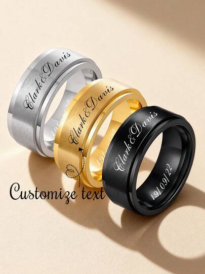 1pc Personalized Engraved Rotatable Ring, Unisex, Stainless Steel Material, Rotatable, Customizable Engraving, Black/Gold/Silver Color Options, Minimalist Versatile, Casual Fashionable, Cute Distinctive, Suitable For Prom, Party, Back To School, School Gift, Teacher's Day Gift, Colleague Gift, Dorm Decor, Youth & Adult Sizes. Customized Engraved Retro Style Ring
