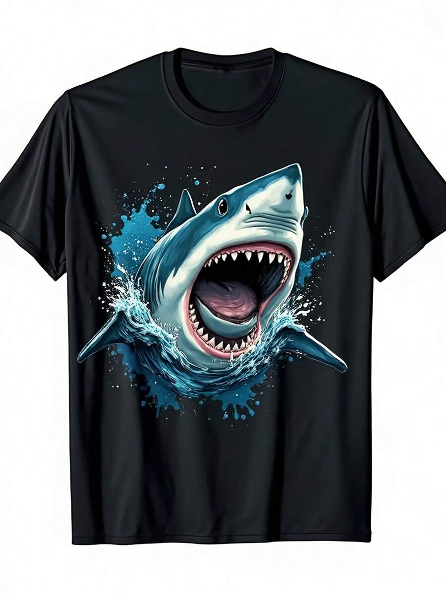 Camiseta para hombre con estampado de tiburón depredador oceánico, 100 % algodón puro, color negro, informal, corta, con estampado de tiburón azul Sve Dyc, tecnología de transferencia de calor que garantiza la durabilidad del color, cuello redondo, corte holgado. - Negro 20 - Ver 1