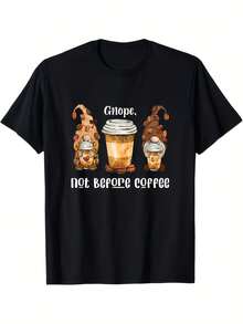 Camiseta gráfica R para hombre - 100 % algodón, 180 g, corte holgado, manga corta, con estampado de granos de café y "NOPE, NOT BEFORE COFFEE", cuello redondo, informal, para uso diario y fiestas temáticas. - Negro 25 - Ver 1