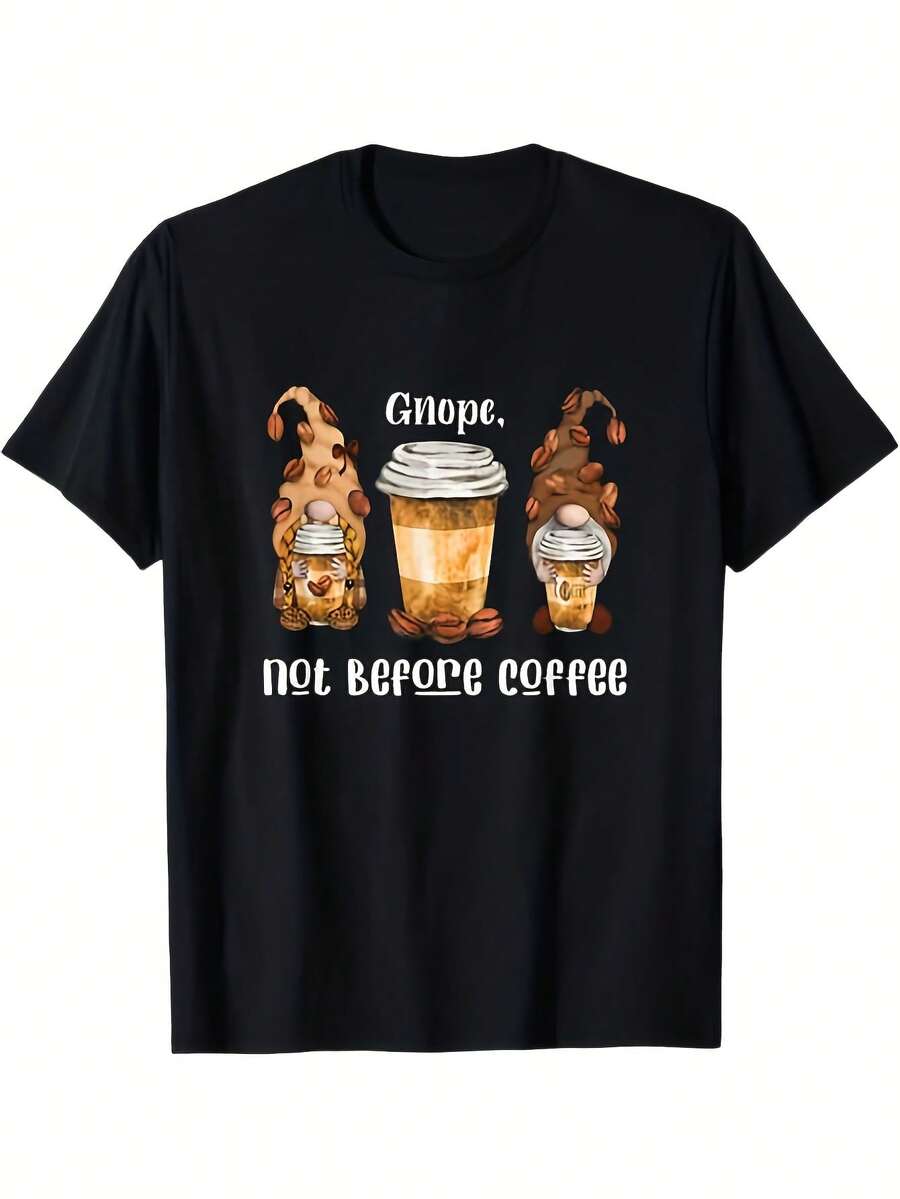Camiseta gráfica R para hombre - 100 % algodón, 180 g, corte holgado, manga corta, con estampado de granos de café y "NOPE, NOT BEFORE COFFEE", cuello redondo, informal, para uso diario y fiestas temáticas. - Negro 25 - Ver 1