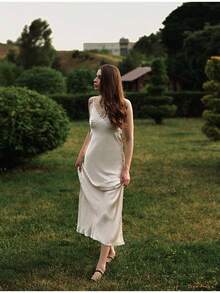 New Spring/Summer Sexy V-Neck Lace-Trimmed Long Satin Dress - 白色 - 查看 8