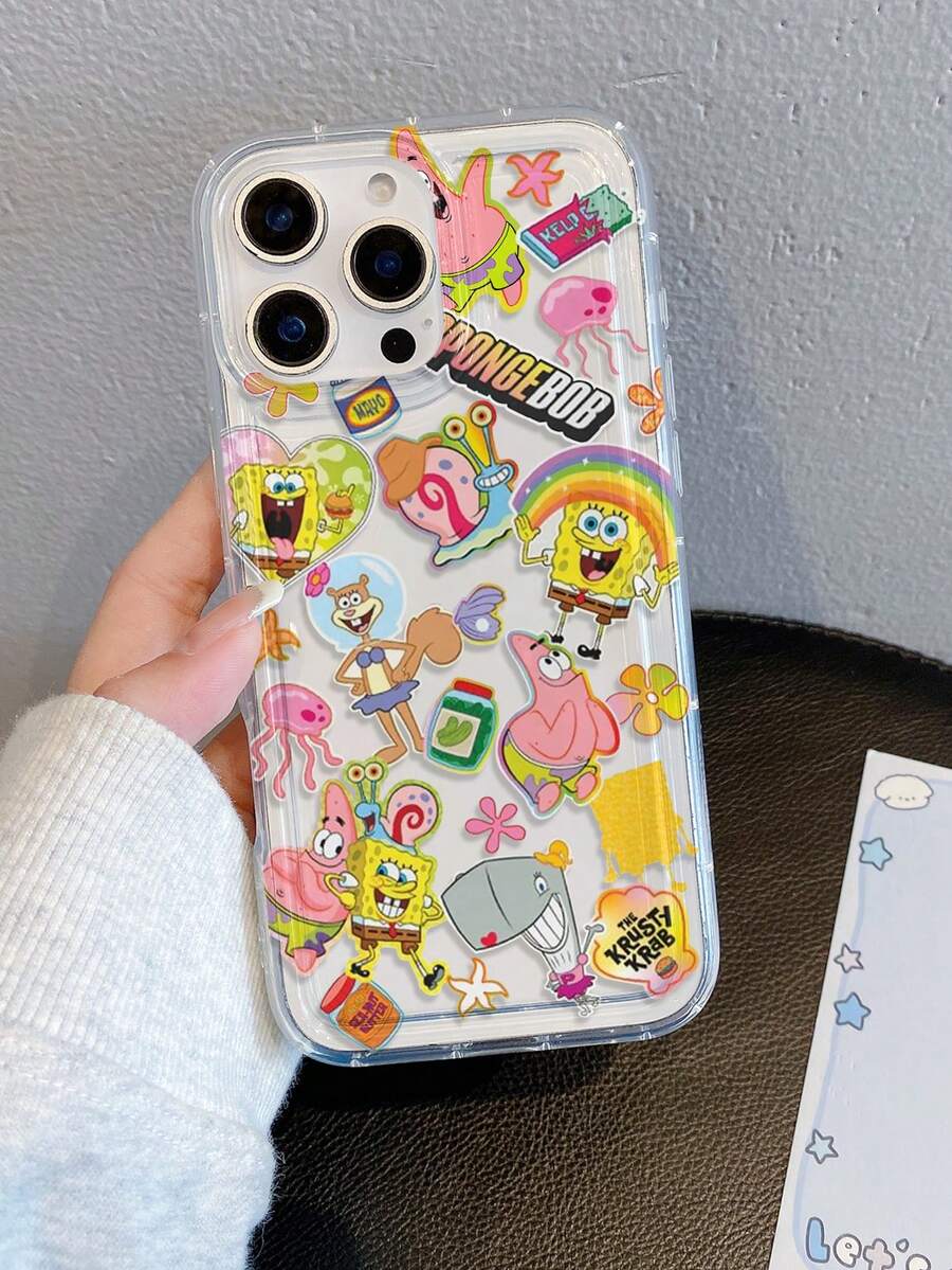 SPONGEBOB 1个时尚卡通创意全屏趣味海绵宝宝海星花朵彩虹爱心图案防震气囊手机壳保护套，兼容三星/苹果17/16/15/14/13/12/11 Pro Max/12 Pro/14 Plus及其他型号 - 彩色 - 查看 1