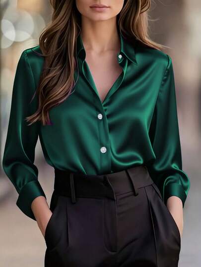 Plus Size Women's Satin Lapel Shirt, Elegant Office Commute Long Sleeve Blouse