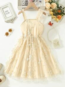Đầm thanh lịch màu sâm panh thêu nơ cho bé gái, quà tặng ngày Quốc tế Bé gái, đầm chiffon mùa hè màu sâm panh thêu bướm cho bé gái, đầm hai dây có nơ trang trí cho bé gái. - Rượu sâm banh - Xem 7