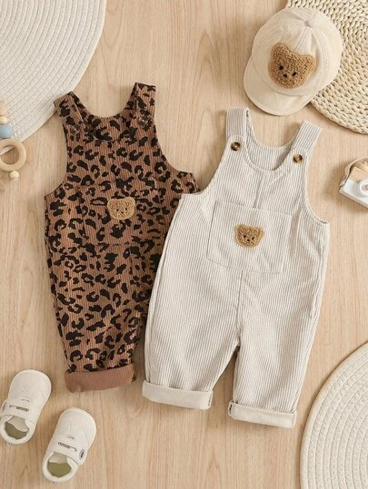 2pcs Baby Boy Casual Fashionable Corduroy Overalls With Bear Embroidery Decoration, Comfortable For Autumn