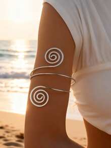 1pc Fashionable Minimalist Open Spiral Arm Cuff, Suitable For Daily, Casual, Beach Wear, Valentine's Day Gift, Birthday Gift - Silver - View 2