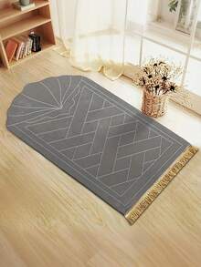 1 pieza Elegante alfombra de oración con estampado floral - Material de franela suave, lavable a máquina, alfombra rectangular cómoda con acentos dorados, diseño de mezquita para uso en interiores, terciopelo con borlas a rayas grises - Gris - Ver 2