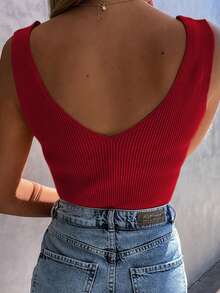 Acelitt Áo tank top nữ màu trơn, không tay, cổ chữ V, chất liệu len, kiểu dáng hở lưng thời trang, màu đỏ mùa hè. - Đỏ - Xem 2