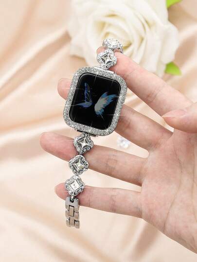 1 Set Fashion Silver Jewelry Diamond Metal Inlaid Shiny Rhinestone Metal Slim Watch Band & Hollow Crystal Diamond Watch Case Cover, Suitable For Apple Watch Ultra 3/2/1, SE, S10/S11/S9/S8/S7/S6/S5/S4/S3/S2/S1, 38/40/41mm, 42/44/45/46/49mm, Quick Release Design, Suitable For Party, Travel, Gift For Friends And Family