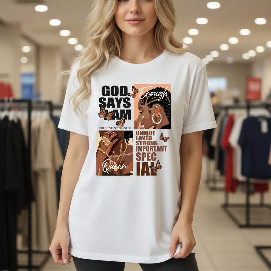 Women's Cotton Graphic T-Shirt, "God Says I Am Enough" Inspirational Print, Short Sleeve O-Neck Casual Tee, Unique Loved Strong Important Queen Positive Quote, Loose Fit Top For Daily Wear, S-5XL Sizes - 白色 - 查看 1