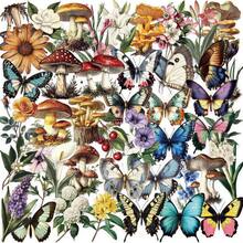 50张复古卡通蘑菇、植物和蝴蝶贴纸 - 透明PET材质，适用于日记本、冰箱、手机壳和DIY手工制作 - 50PCS - 查看 1