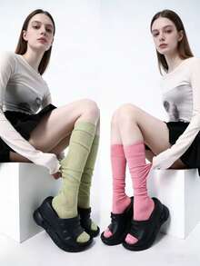 2 pares de calcetines de color caramelo casuales hasta la rodilla para mujer, primavera/verano - Multicolor - Ver 9